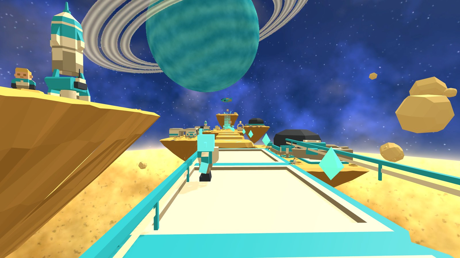 Golden dunes: a hover deck with laser rails over the desert planet